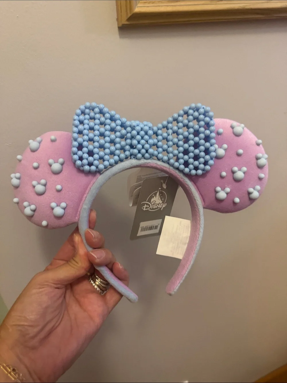 Disney Pink Minnie Ears Headband with Light Blue Beaded Bow